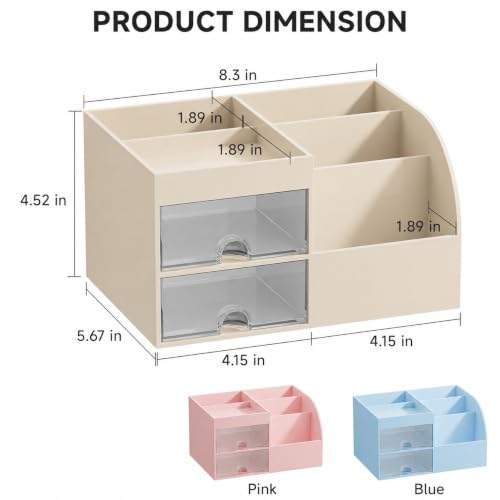 Makeup Organizer with 2 Drawers, Makeup Organizers Countertop for Vanity and Bathroom, Make up organization and Skincare Storage with Brush Holder, for Dresser, Desktop, Cosmetic Display Case (Beige)